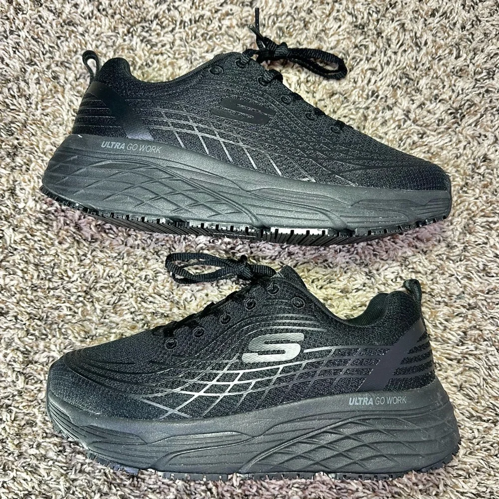 Skechers Women Size 7 Work Shoes Black Slip Resistant Memory Foam Max Cushion - Picture 2 of 9